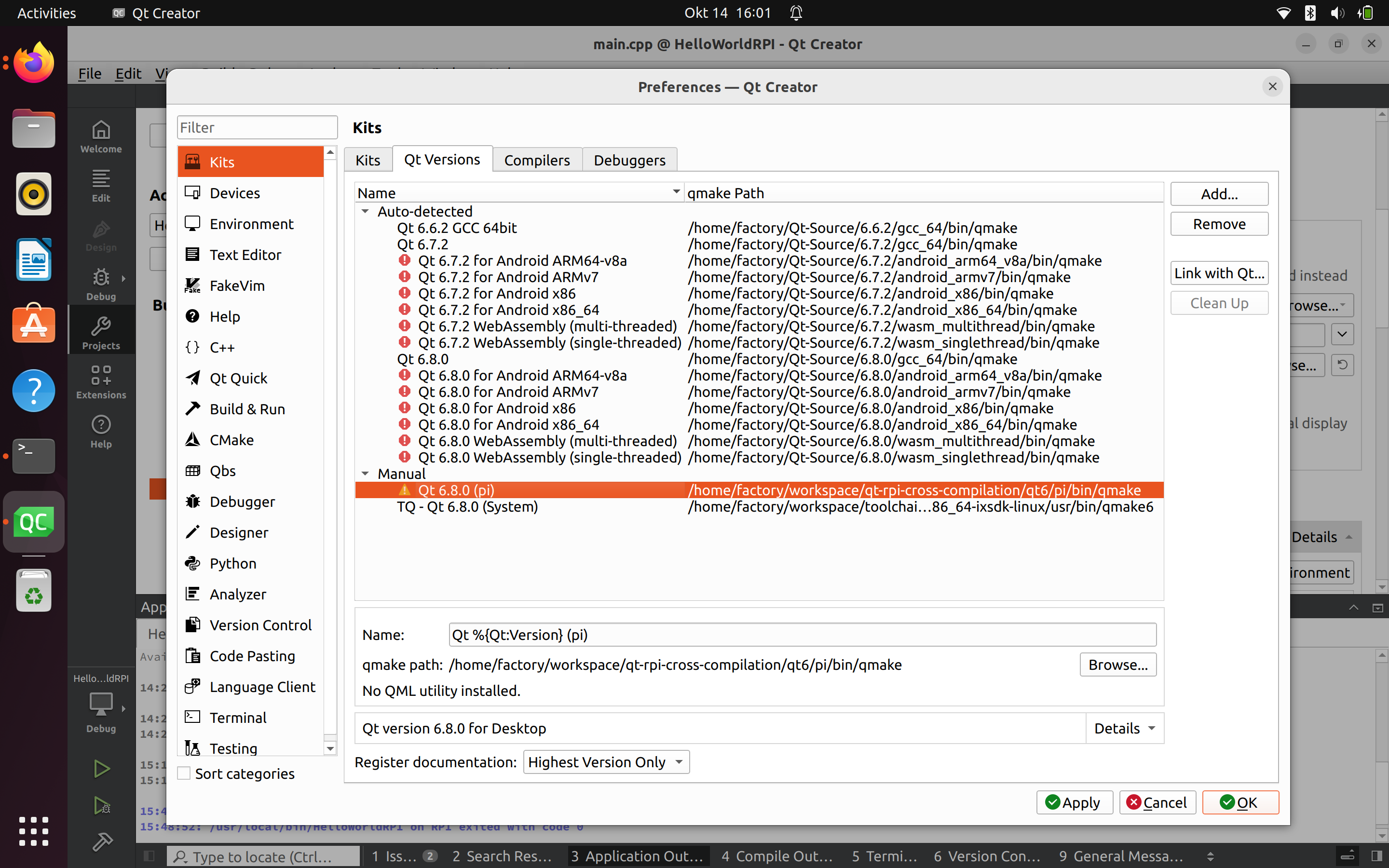 Qt 6.8 Cross-Compilation dla Raspberry Pi zrzut ekranu komputera