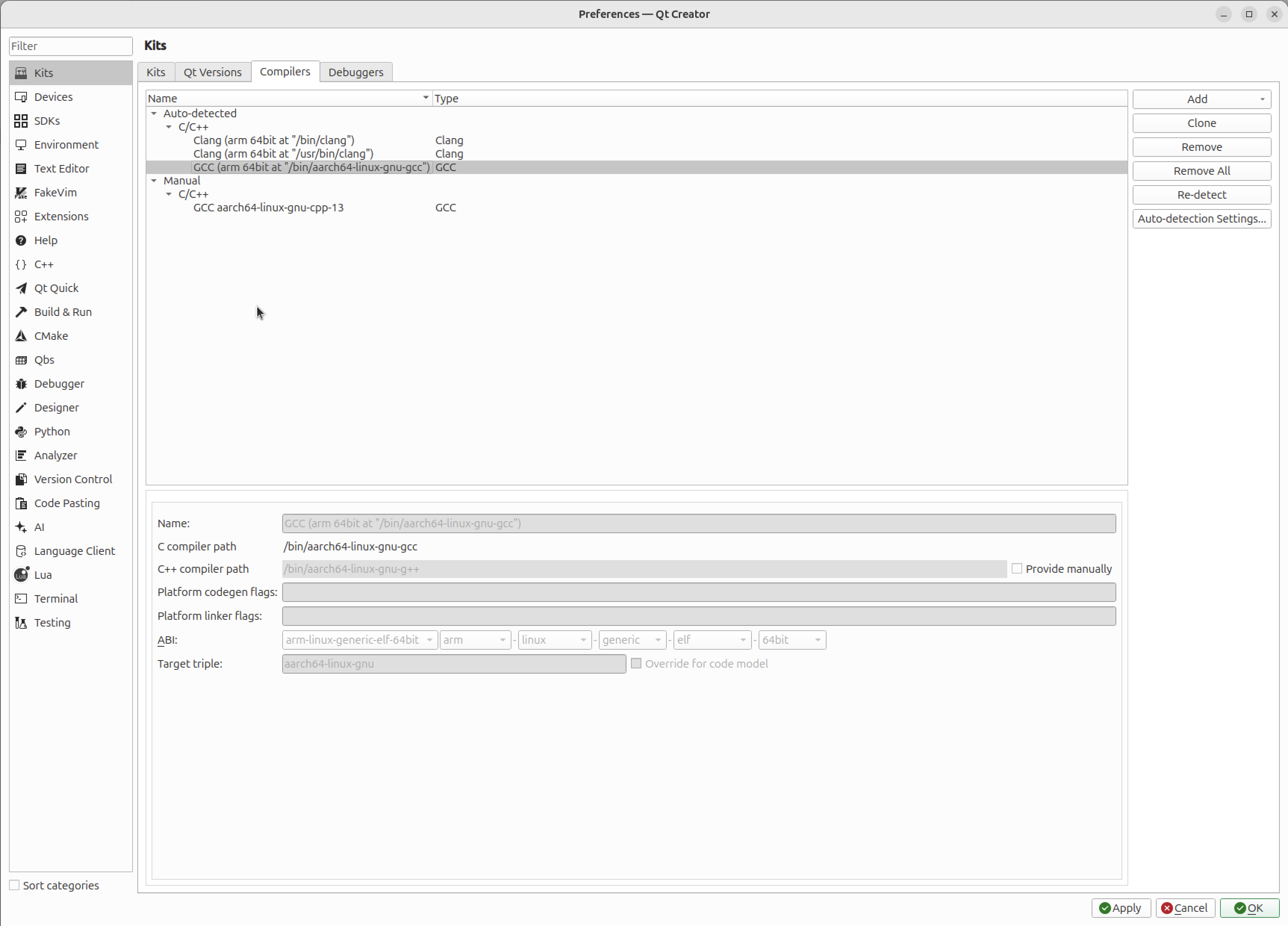 Компиляторы предпочтений QtCreator