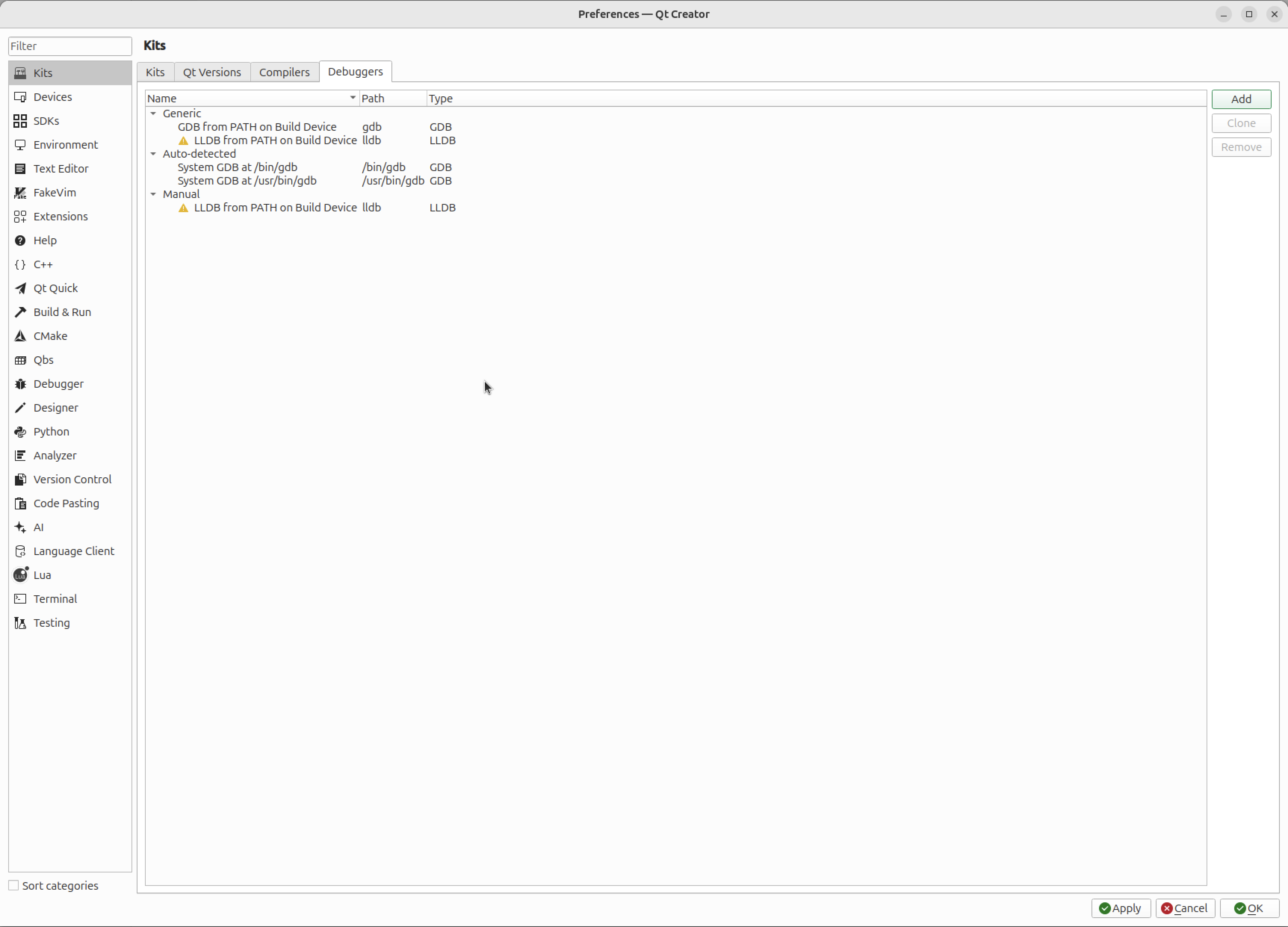 Отладчик предпочтений QtCreator