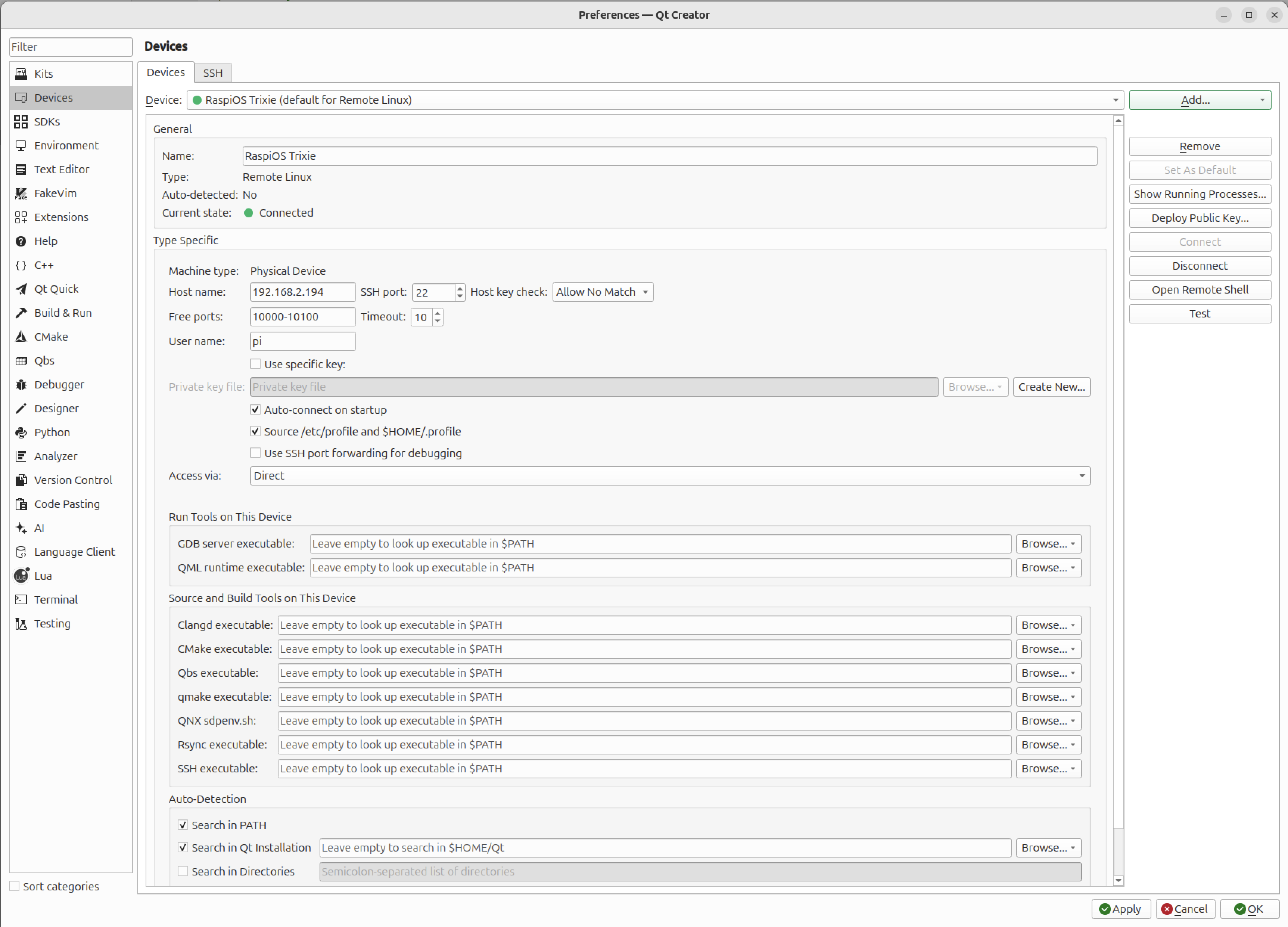Устройства предпочтений QtCreator