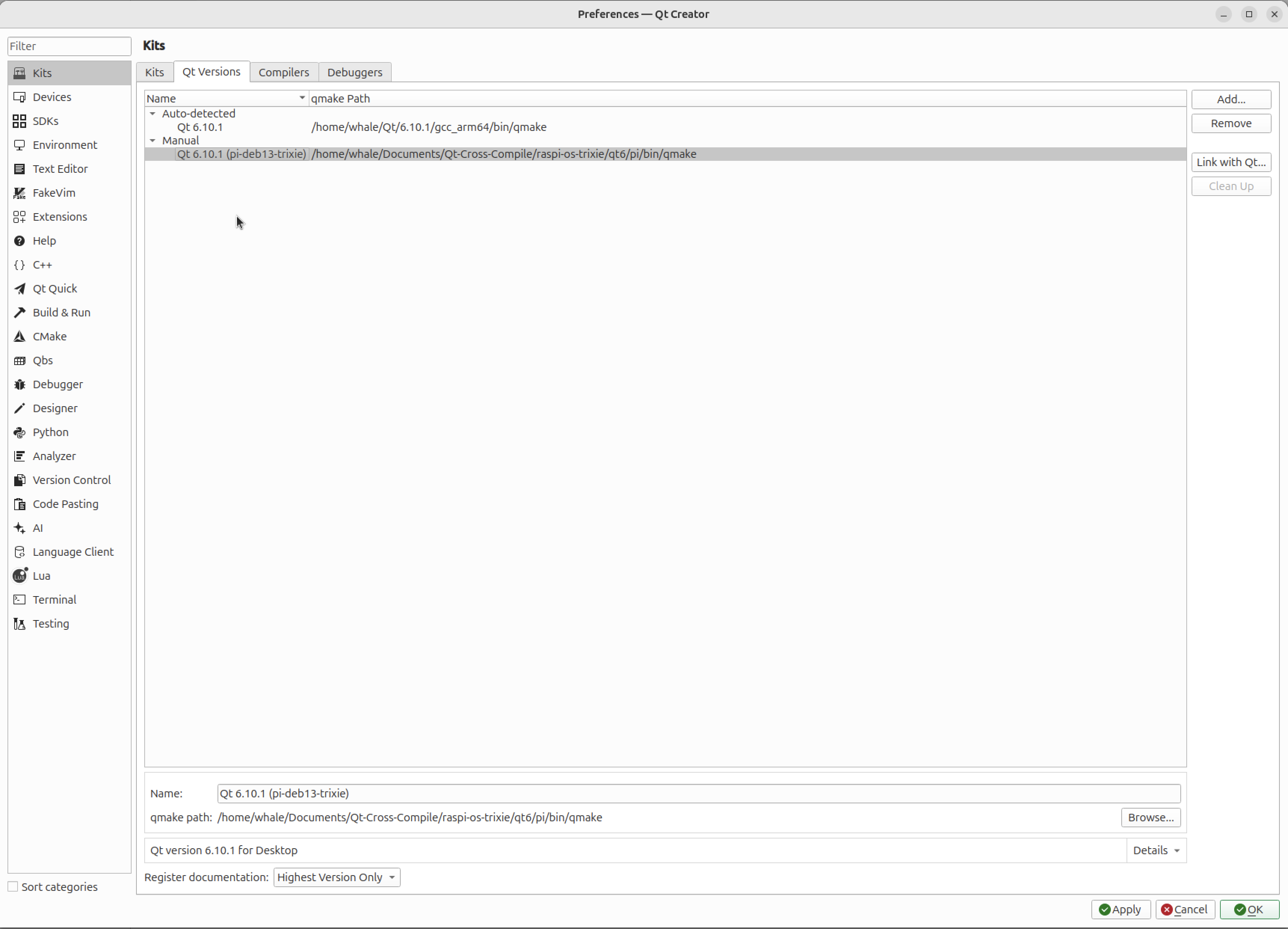 QtCreator предпочитает версии Qt
