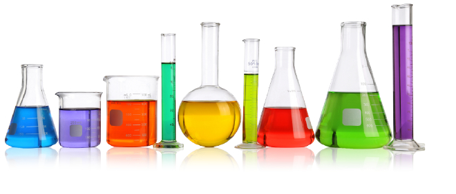 Touchscreen - Chemikalienbeständig eine Gruppe von Bechergläsern mit verschiedenfarbigen Flüssigkeiten