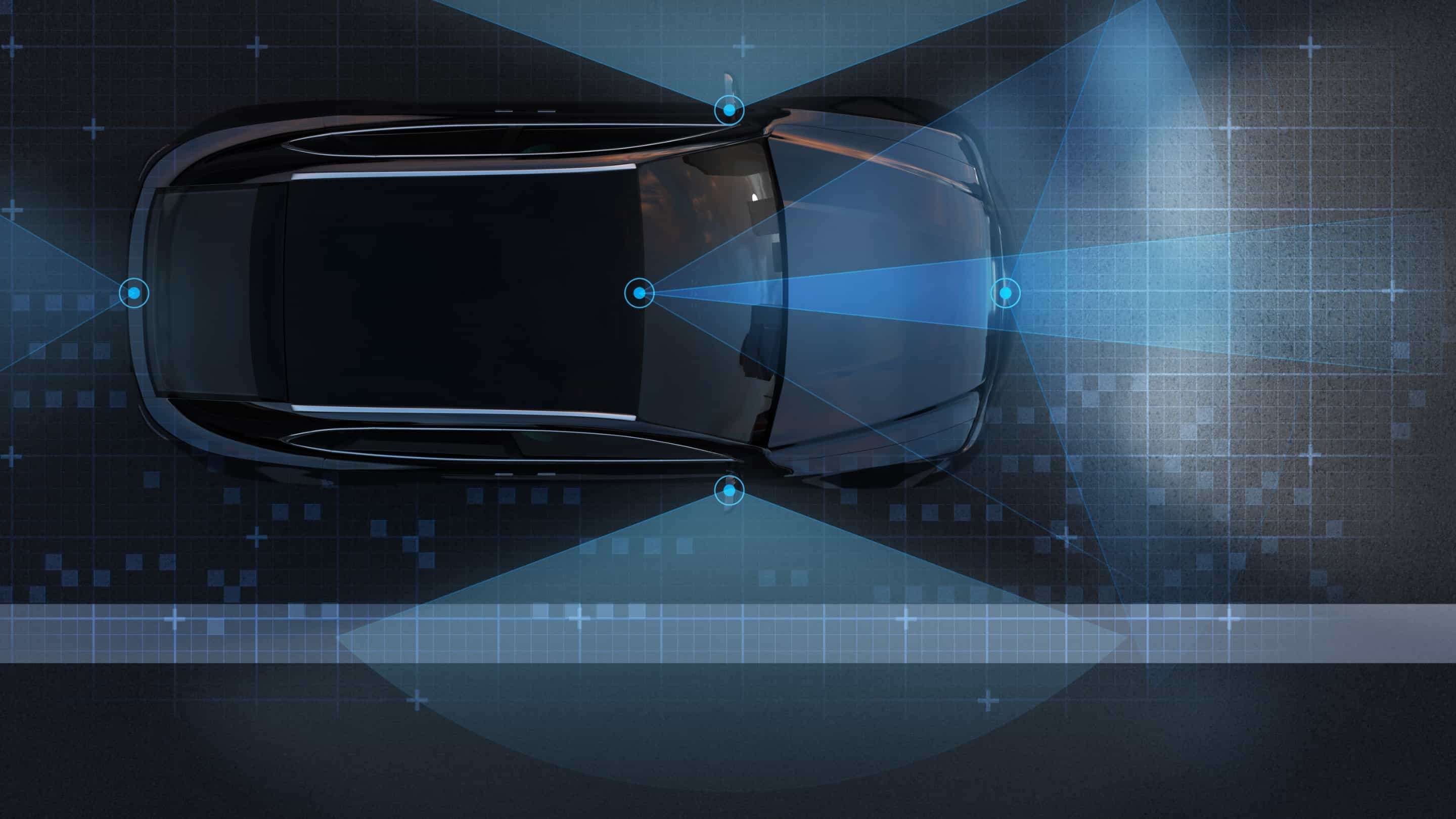 Impactinator® Glass - Lidar-anturin suojalasi, auto, jossa on sinisiä viivoja ja pisteitä