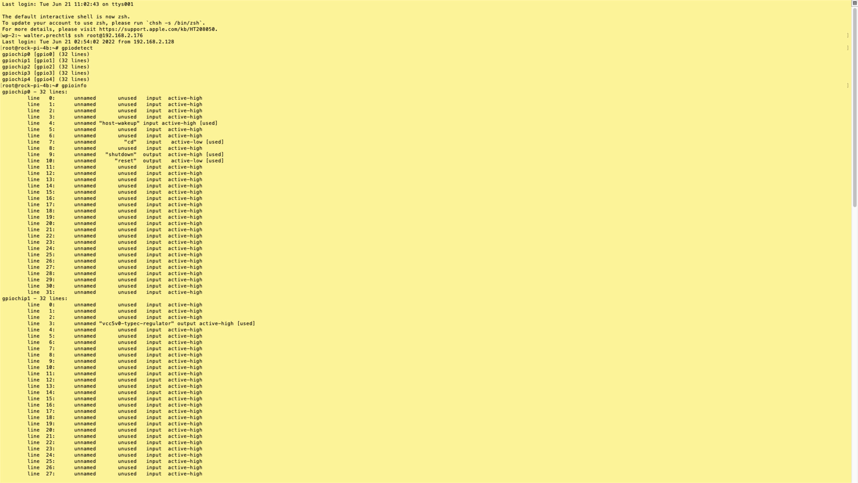 Indlejret software - libgpiod en gul skærm med sort tekst