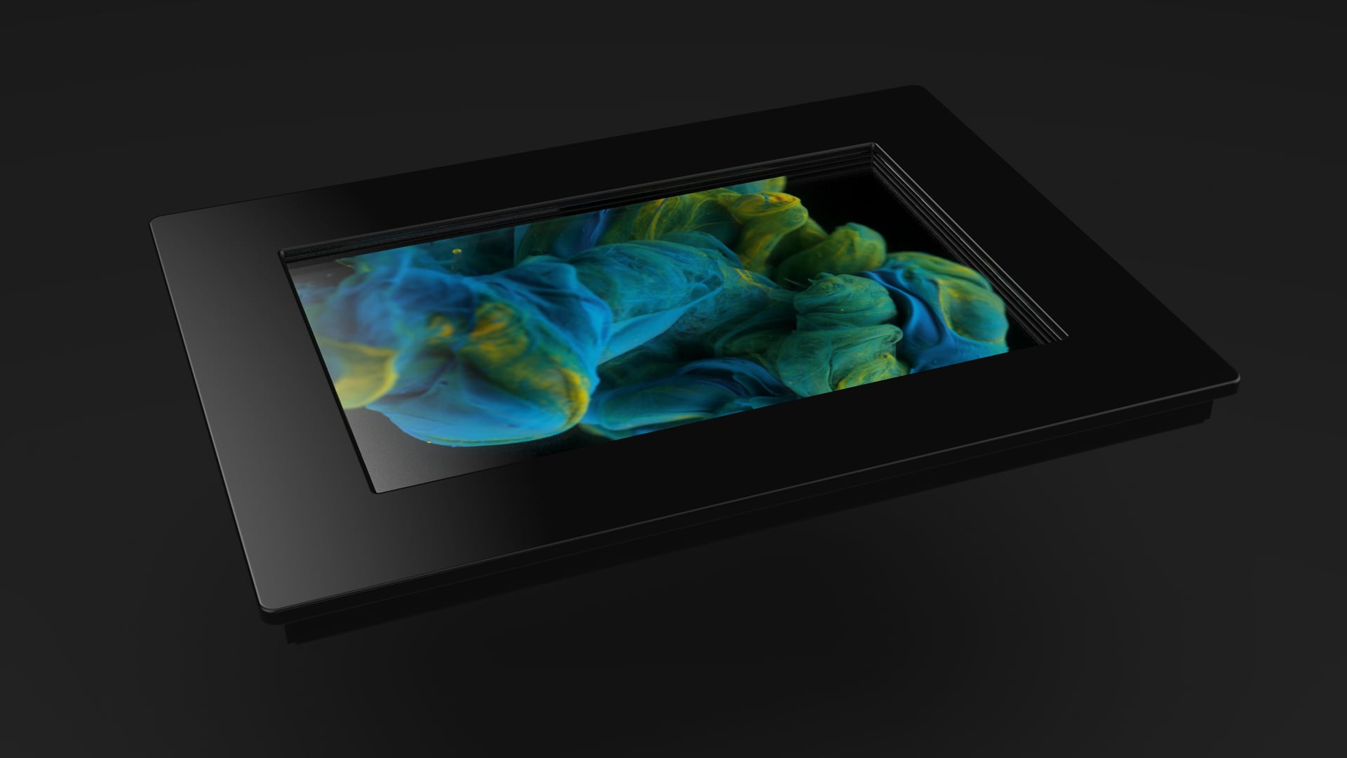 IK10 Monitor - IK10 Monitor 10.1" ein schwarzer rechteckiger Rahmen mit blauer und gelber Farbe darauf